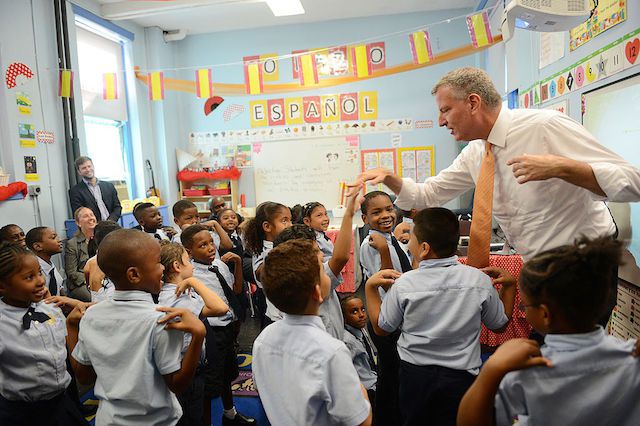 Mayor de Blasio visits a charter school in Manhattan.